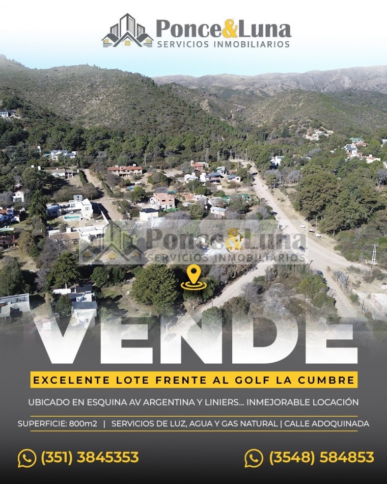 EXCELENTE LOTE FRENTE AL GOLF CLUB- LA CUMBRE - VENTA
