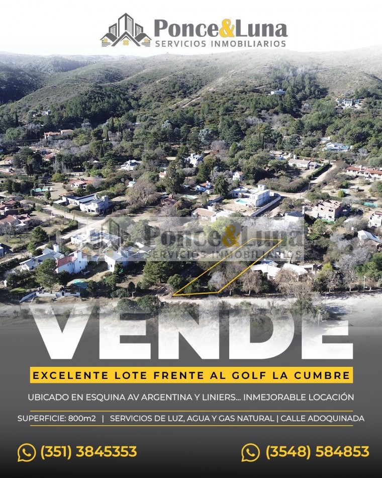 EXCELENTE LOTE FRENTE AL GOLF CLUB- LA CUMBRE - VENTA
