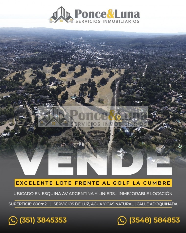 EXCELENTE LOTE FRENTE AL GOLF CLUB- LA CUMBRE - VENTA