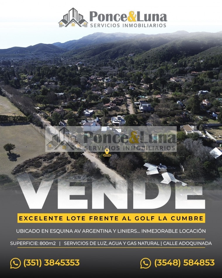 EXCELENTE LOTE FRENTE AL GOLF CLUB- LA CUMBRE - VENTA